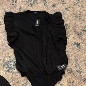 Express Elegant Black Ruffle Bodysuit